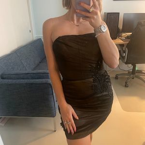 Carmen Marc Valvo Embroidered Strapless Mini Dress Black 8